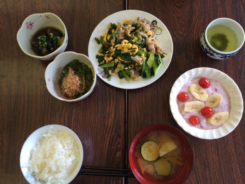 夏バテ予防献立、ご飯、にら玉、ナス煮びたし、ネバネバ冷奴、ズッキーニの味噌汁、フルーチェ